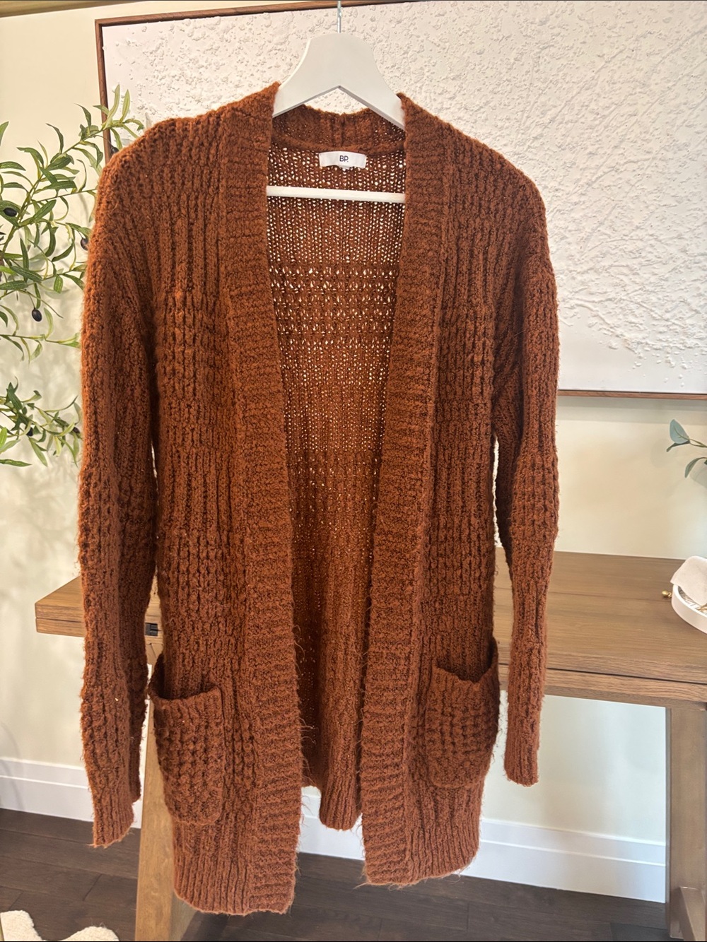 bp Open-Front Chunky Knit Cardigan in Rust